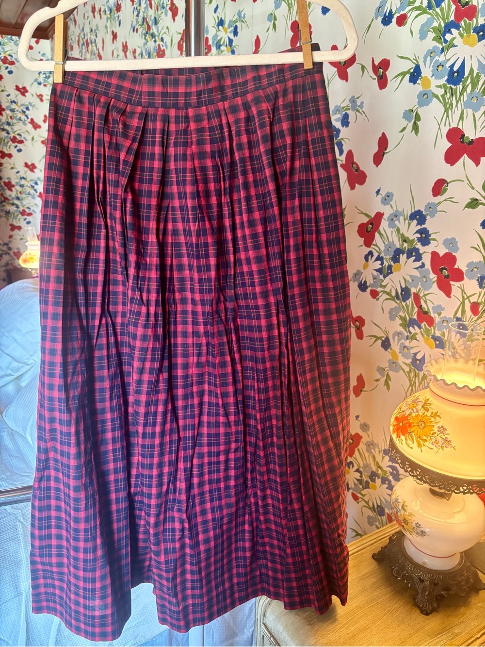 vintage lands’ end red navy plaid pleated midi skirt | tartan preppy academia - Picture 5 of 7